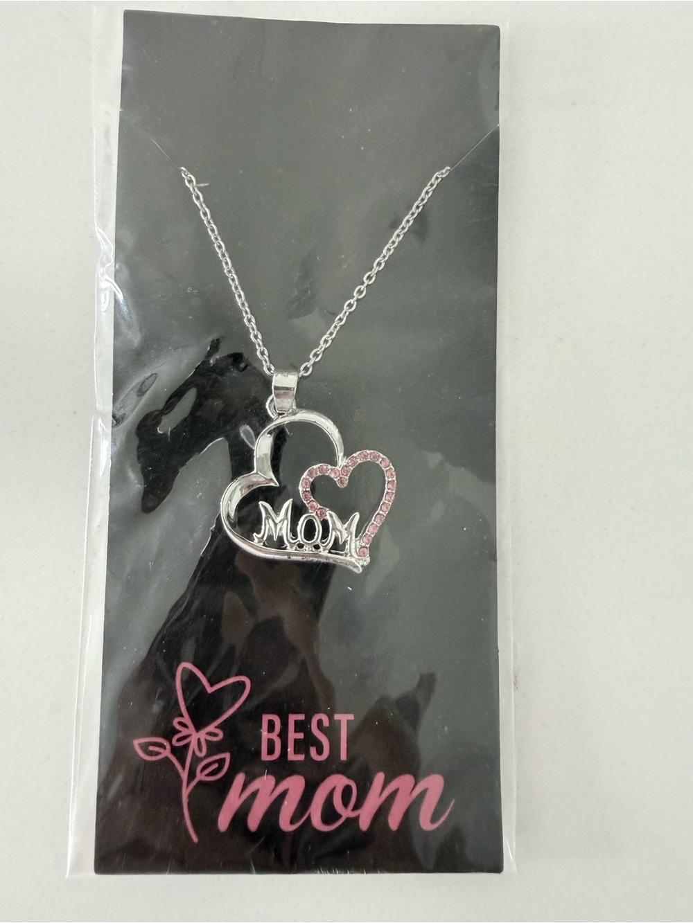Best Mom Silver Heart Necklace with Pink Accents